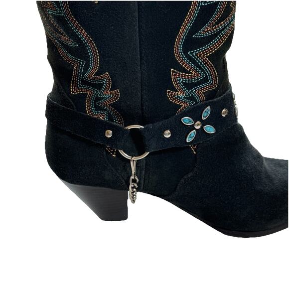 Vintage Dingo Boots Size 8.5 Cowboy Suede Leather Chain Western Black Turqouise - Picture 6 of 8